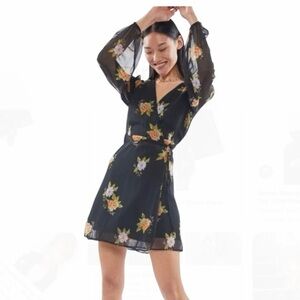 Urban Outfitters Bleecker Sheer Sleeve Dark Floral Wrap Mini Dress